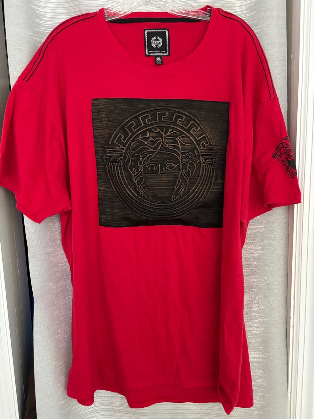 Men's Red Short Sleeve Graphic Tee with Embossed Medusa Panel